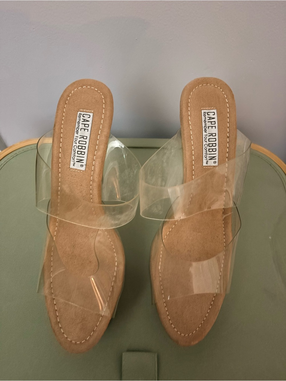 Cape Robbin Clear Strap Tan Mule Sandals